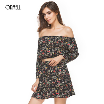 ORMELL Fashion 2 Piece Set Women 2017 Sexy Summer Skirt Crop Top Lady Off The Shoulder Print Dress Suits Beach Girl Clothes